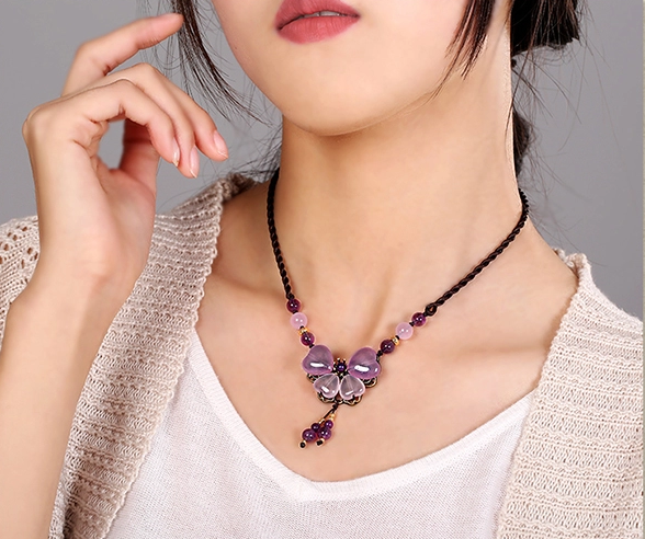 紫色彩玉吊墜鎖骨鏈，福連文苑風項鏈首飾
