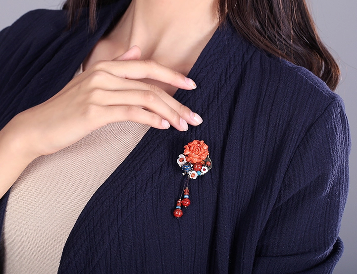 福連文苑立體花朵吊墜胸花，復(fù)古胸針項(xiàng)鏈飾品