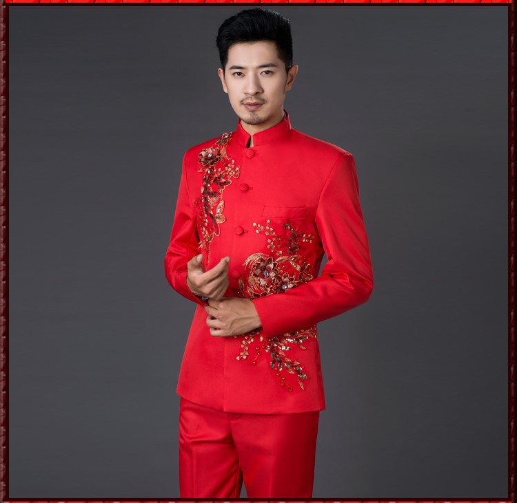 亮片立體花朵中式主持禮服，男士改良中山裝