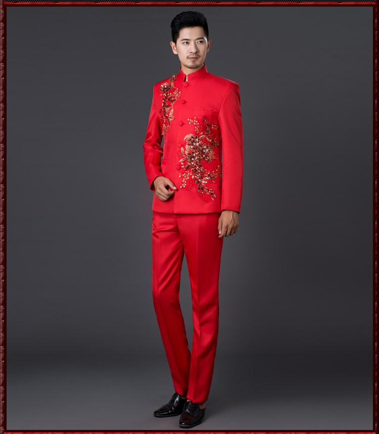 亮片立體花朵中式主持禮服，男士改良中山裝