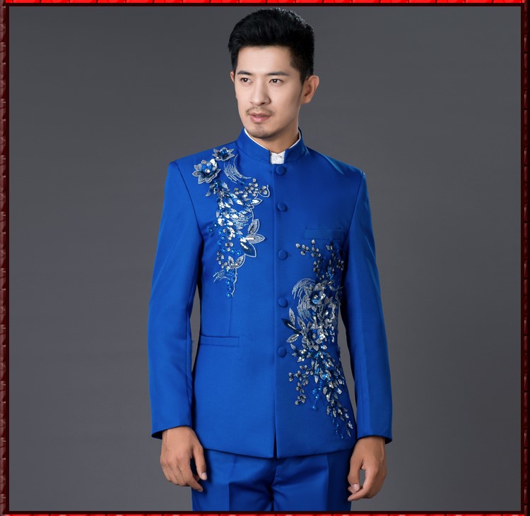 亮片立體花朵中式主持禮服，男士改良中山裝