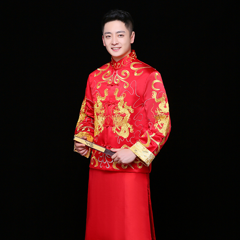 雙龍刺繡男士中式禮服，時(shí)尚福連文苑新郎禮服