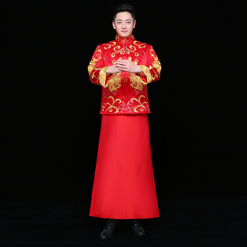 雙龍刺繡男士中式禮服，時(shí)尚福連文苑新郎禮服
