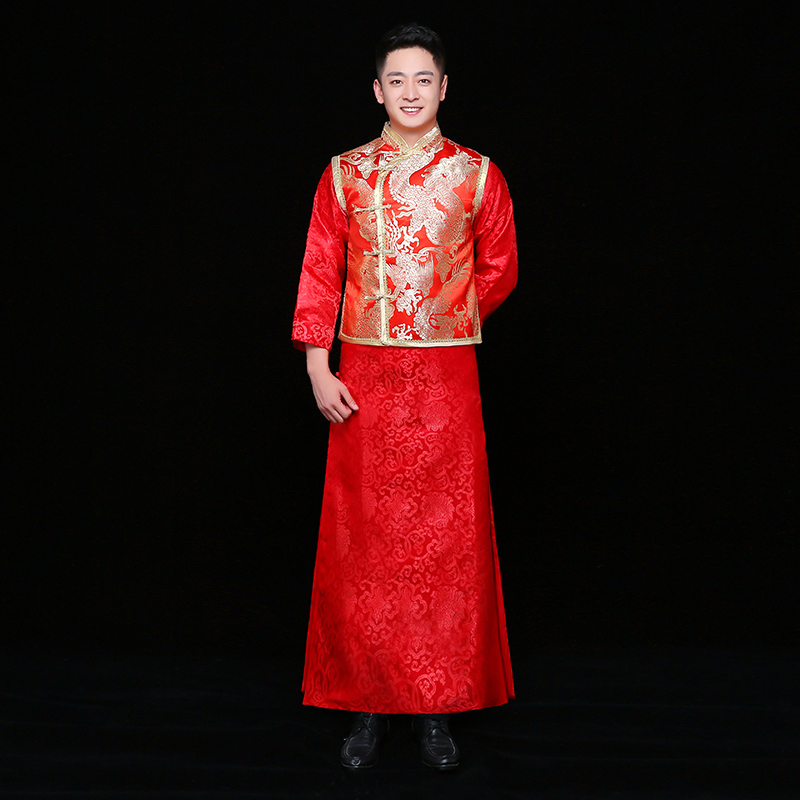 金龍刺繡馬褂男士中式禮服，時尚新郎禮服