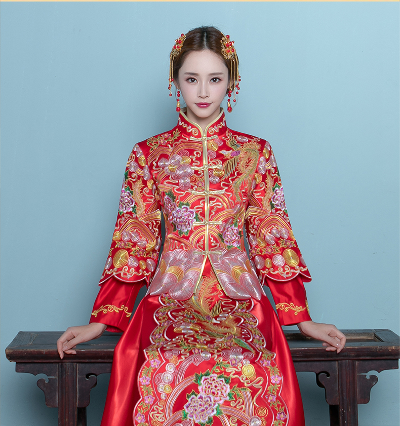 福連文苑高貴刺繡嫁衣，新娘結(jié)婚中式禮服