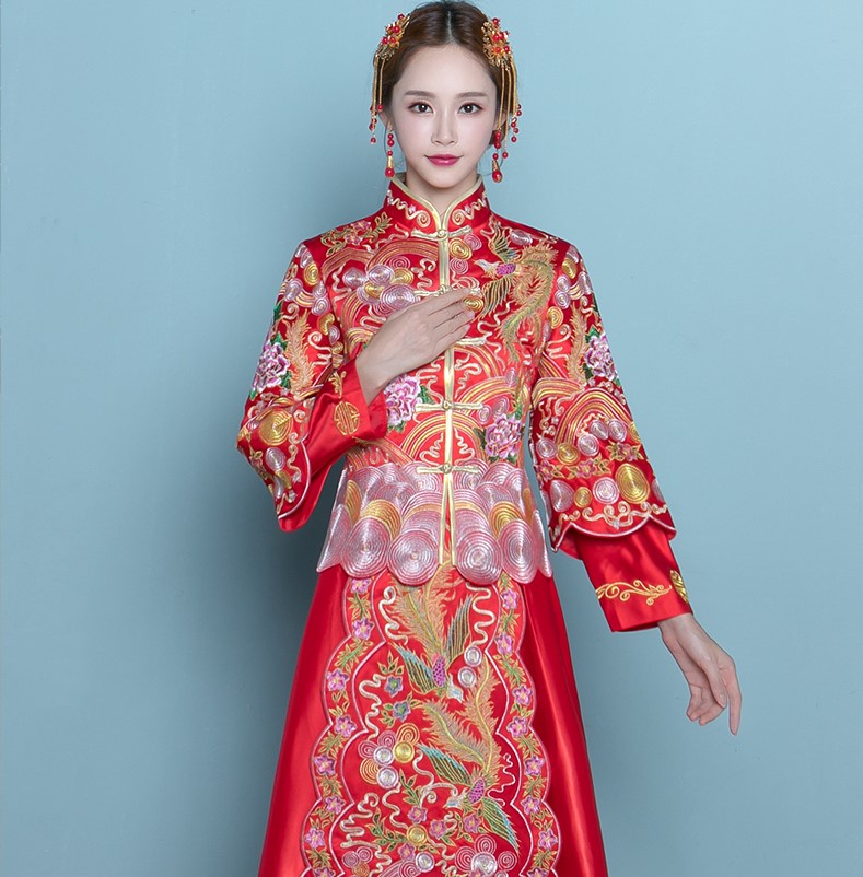 福連文苑高貴刺繡嫁衣，新娘結(jié)婚中式禮服