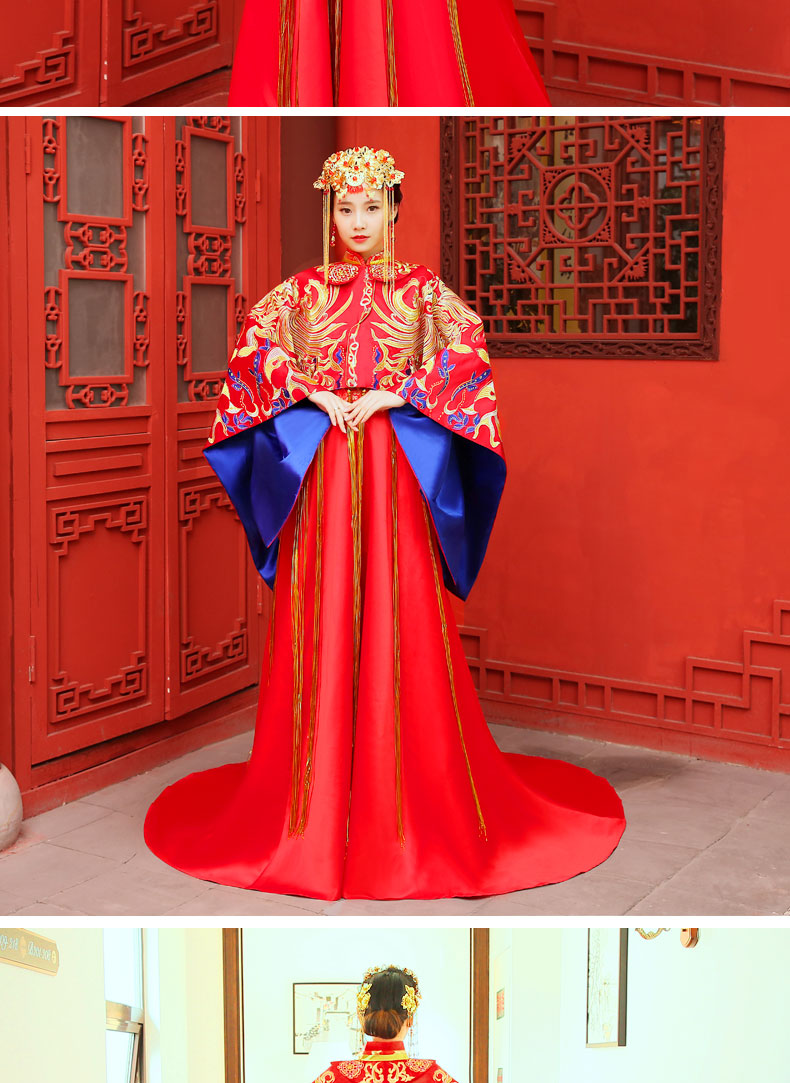 古典高貴刺繡新娘禮服，拖尾結婚中式禮服