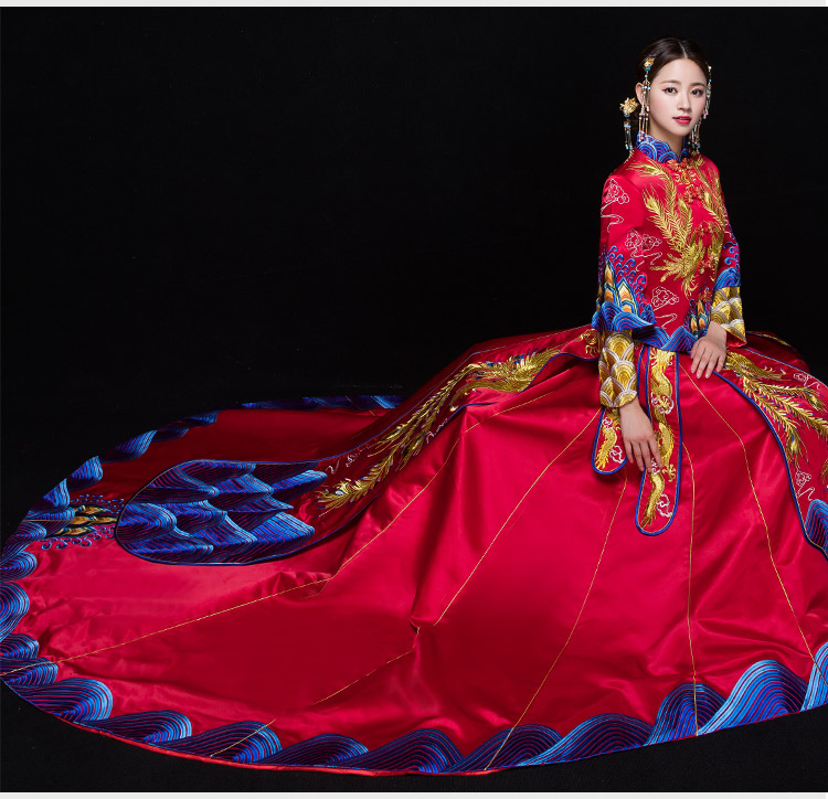 復古典雅福連文苑新娘禮服，奢華拖尾中式禮服