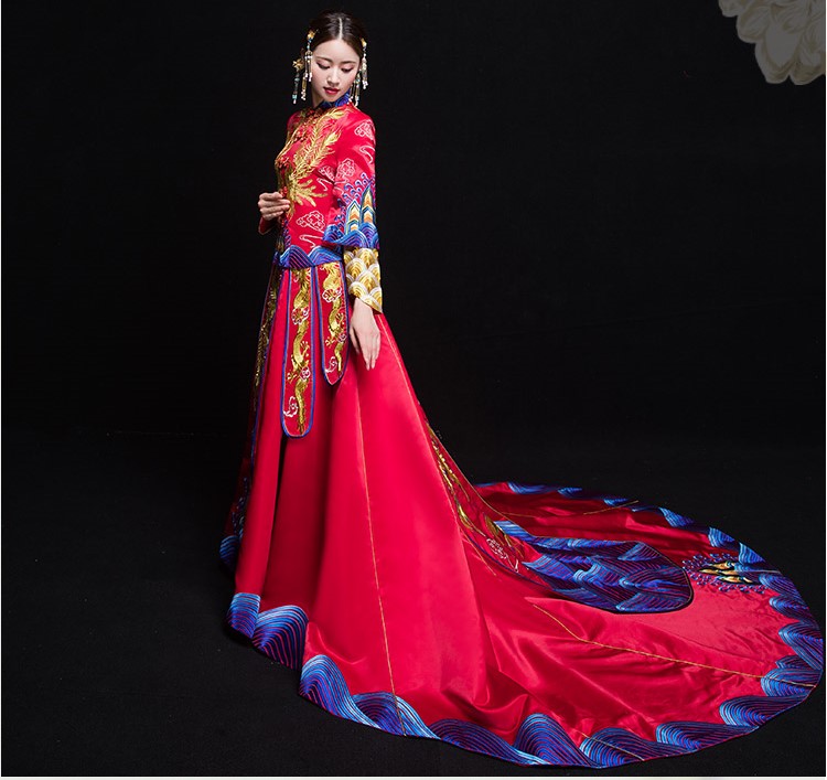 復古典雅福連文苑新娘禮服，奢華拖尾中式禮服