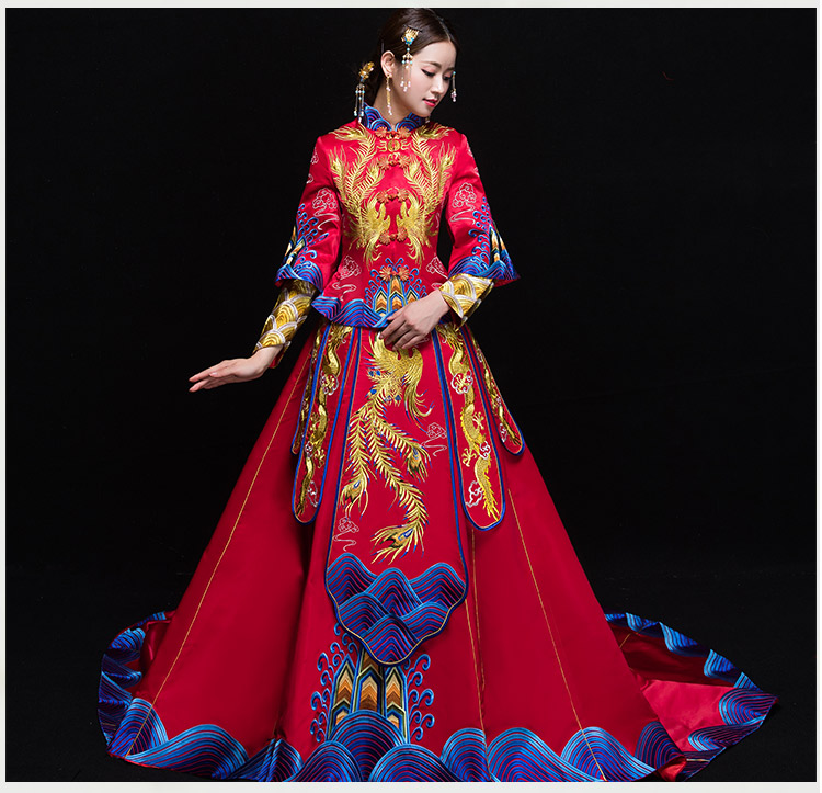 復古典雅福連文苑新娘禮服，奢華拖尾中式禮服