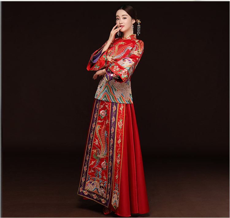 精美鳳凰斜襟新娘禮服，奢華刺繡中式禮服