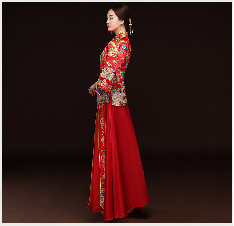 精美鳳凰斜襟新娘禮服，奢華刺繡中式禮服