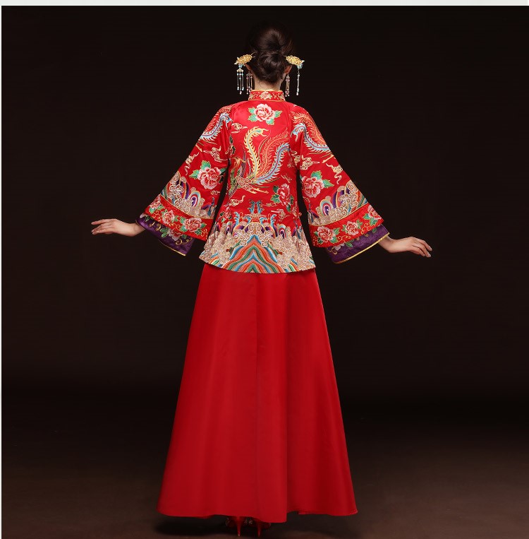 精美鳳凰斜襟新娘禮服，奢華刺繡中式禮服