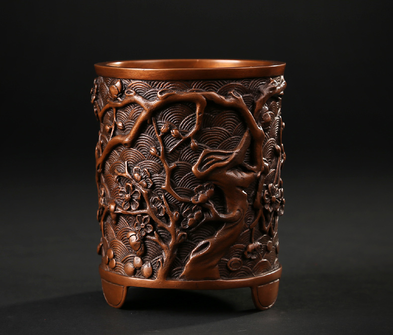 仿古梅花紋筆筒，文房四寶擺件