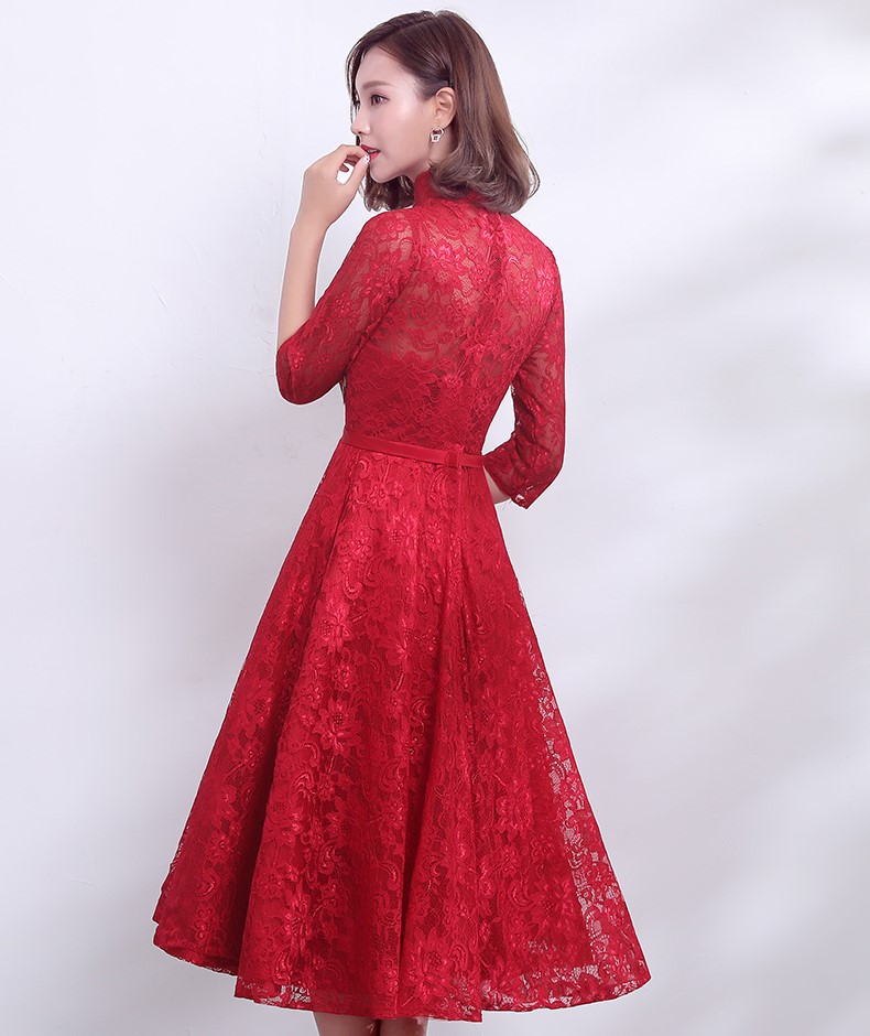 復(fù)古時尚中式禮服，福連文苑紅色七分袖晚禮服