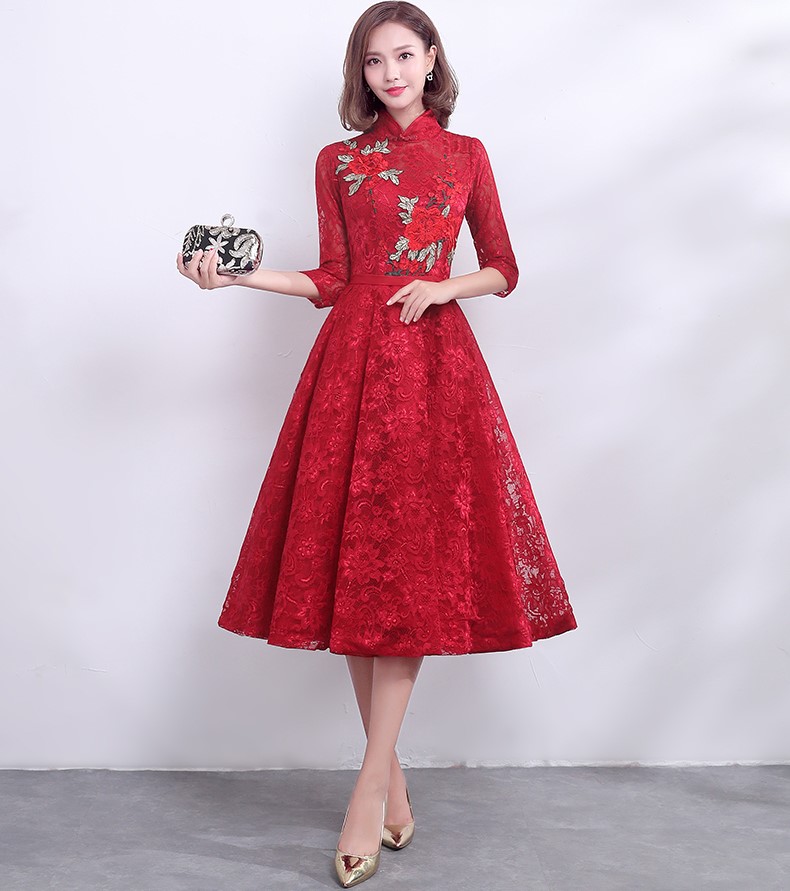 復(fù)古時尚中式禮服，福連文苑紅色七分袖晚禮服