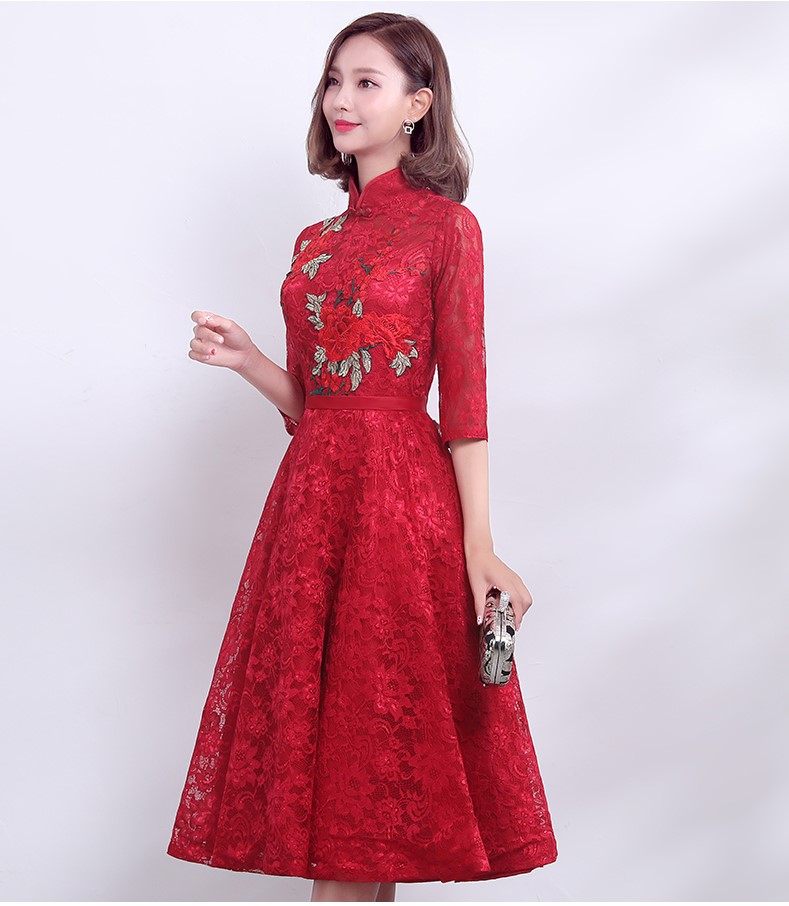 復(fù)古時尚中式禮服，福連文苑紅色七分袖晚禮服