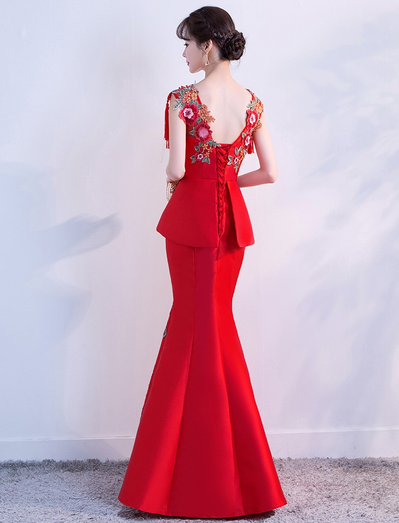 紅色顯瘦長款中式禮服，福連文苑魚尾晚禮服