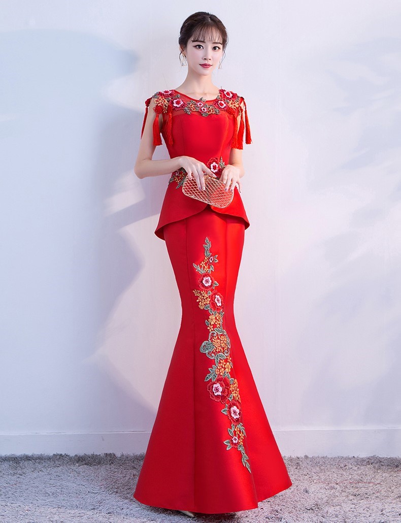 紅色顯瘦長款中式禮服，福連文苑魚尾晚禮服