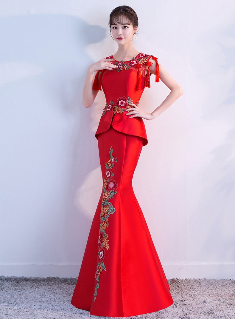 紅色顯瘦長款中式禮服，福連文苑魚尾晚禮服