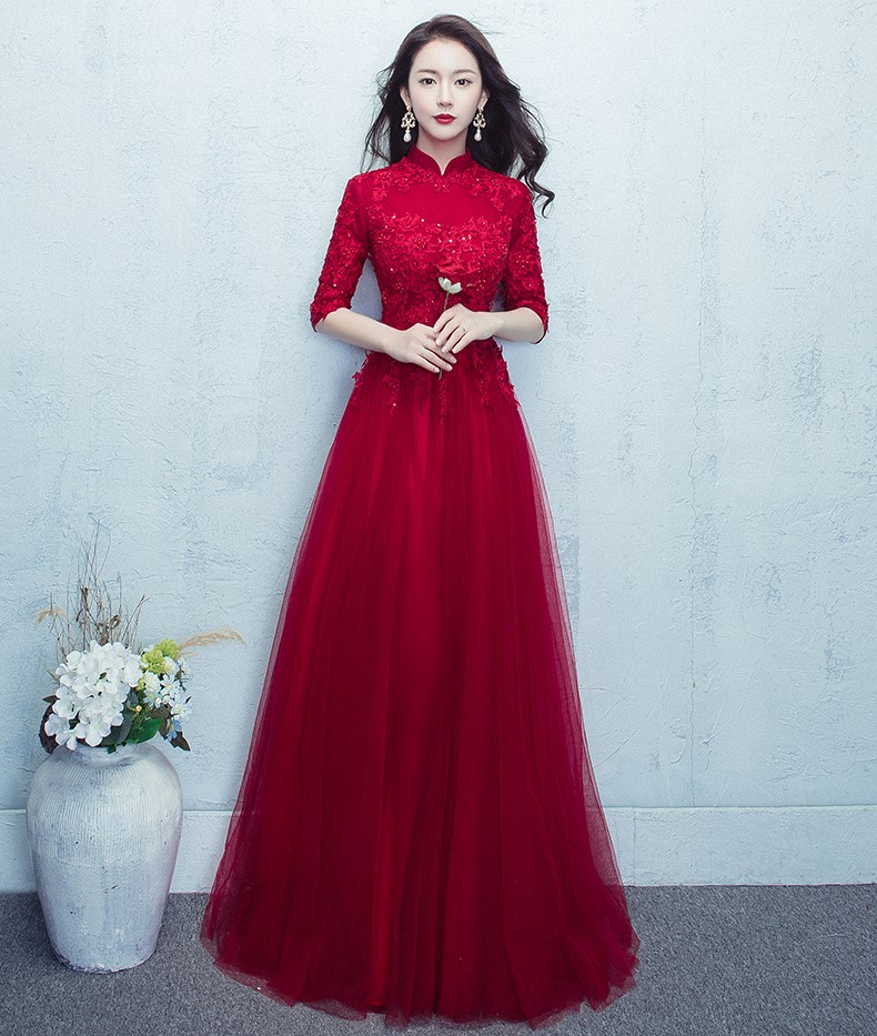 紅色蕾絲網(wǎng)紗裙中式禮服，優(yōu)雅修身晚禮服