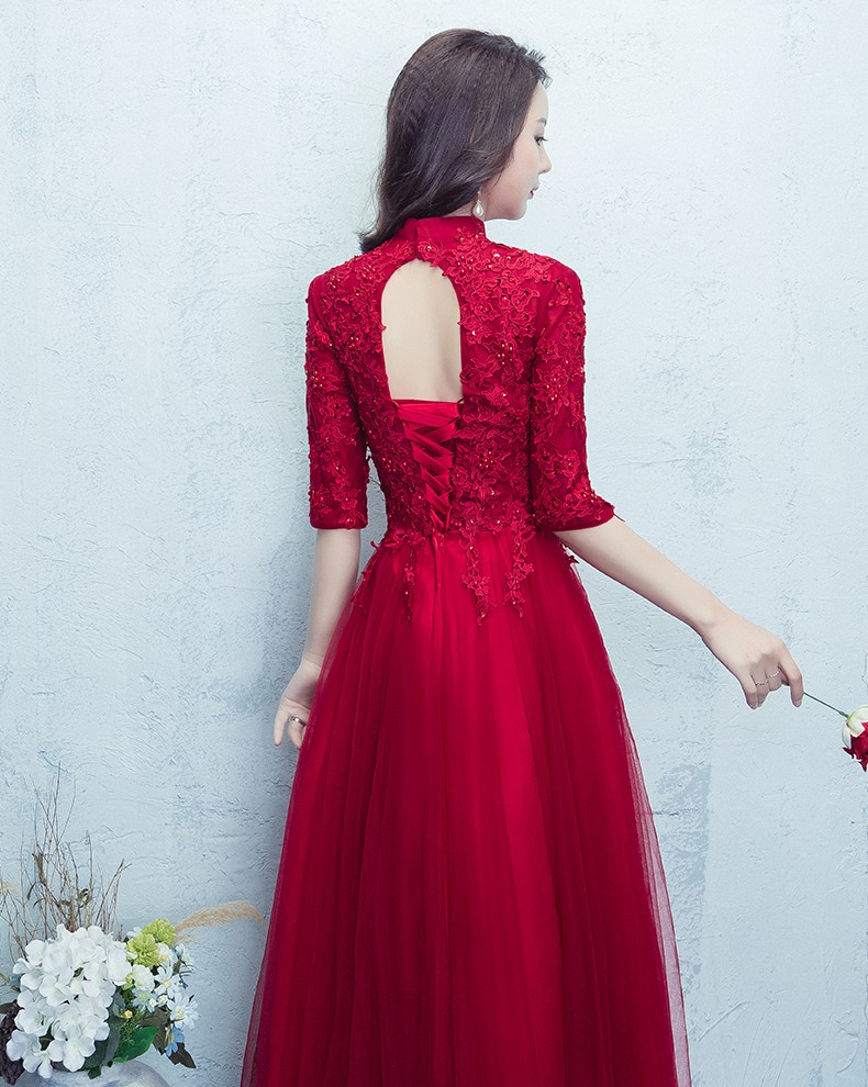 紅色蕾絲網(wǎng)紗裙中式禮服，優(yōu)雅修身晚禮服