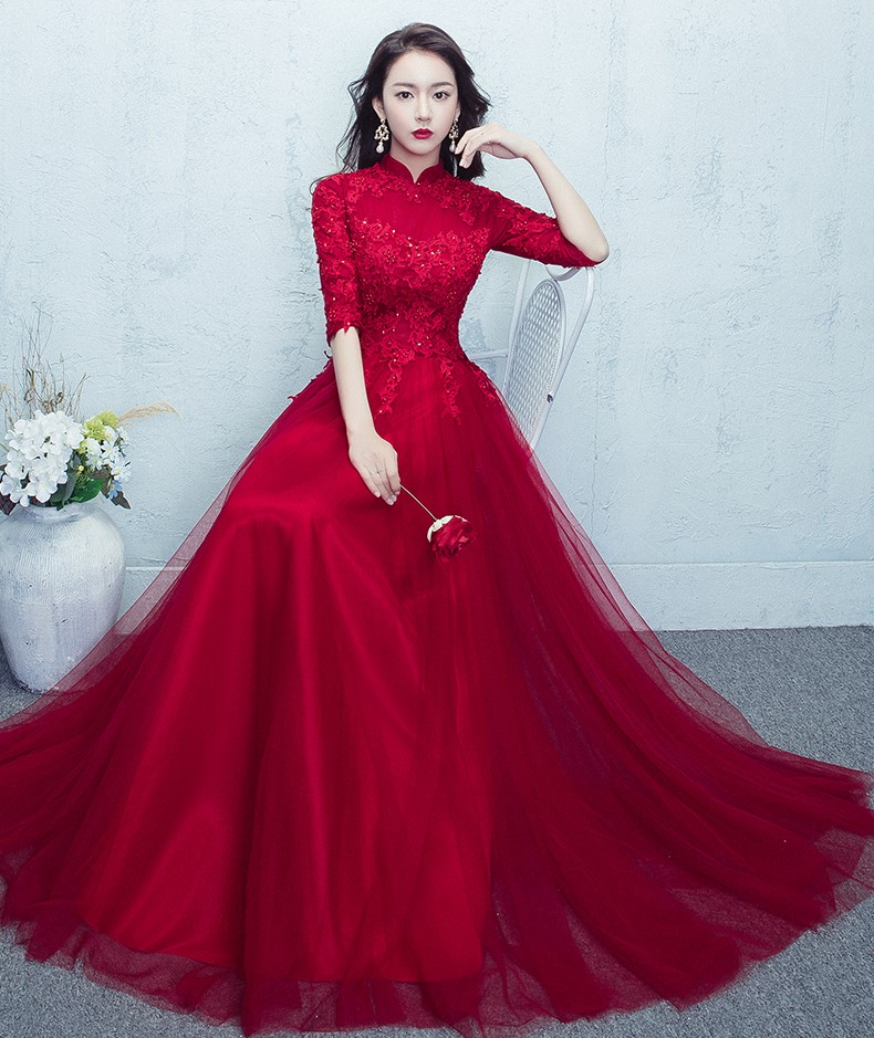 紅色蕾絲網(wǎng)紗裙中式禮服，優(yōu)雅修身晚禮服