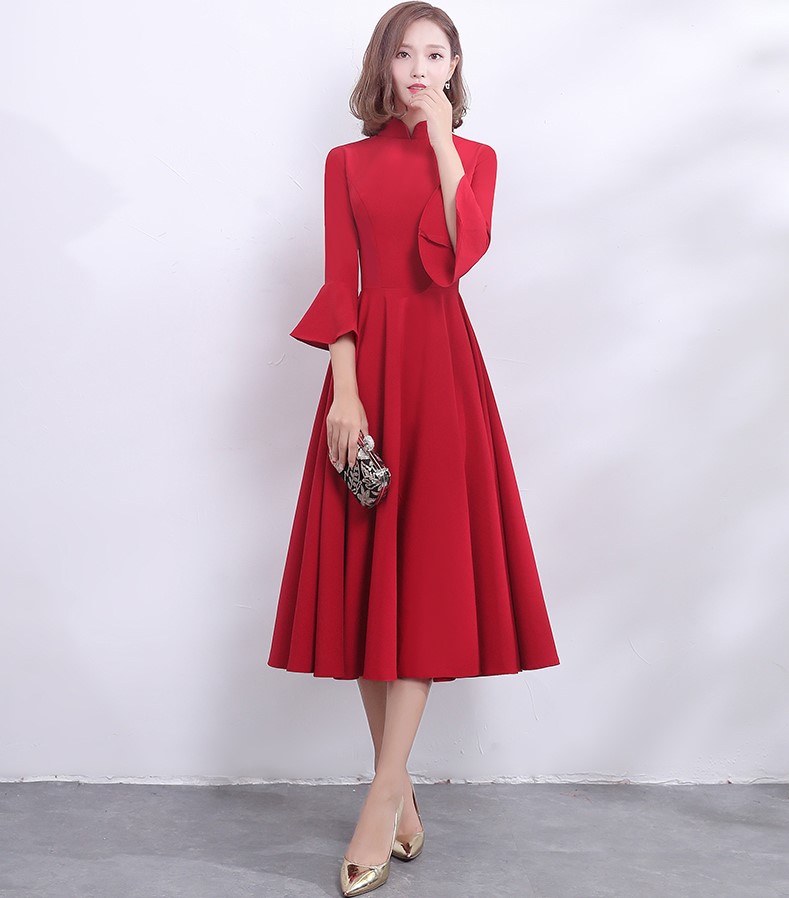 復古荷葉袖口中式禮服，簡約時尚晚禮服