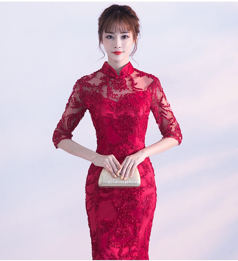 精致復古中式禮服，蕾絲魚尾晚禮服