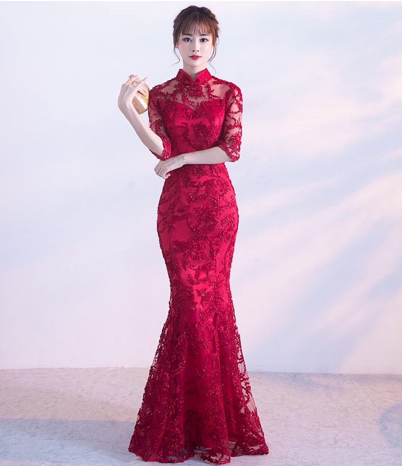 精致復古中式禮服，蕾絲魚尾晚禮服