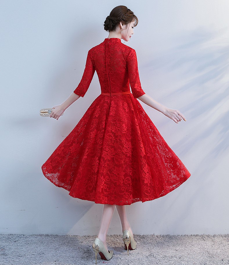 復(fù)古立領(lǐng)中式禮服，蕾絲中袖晚禮服