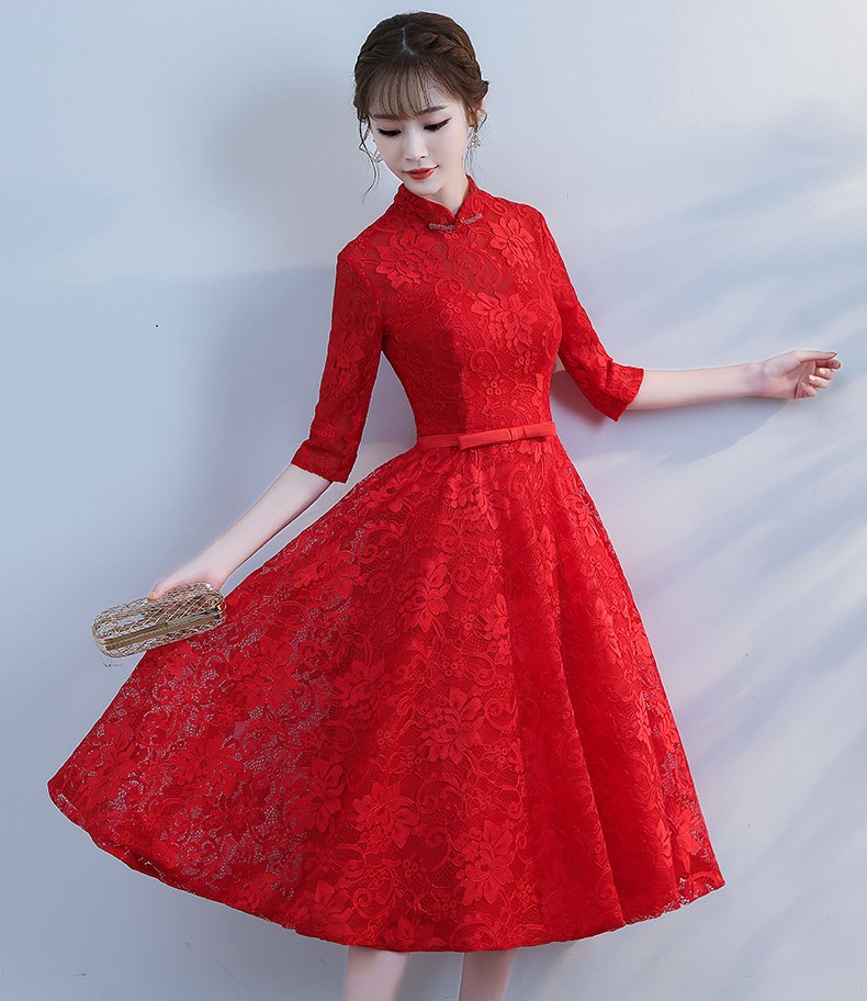 復(fù)古立領(lǐng)中式禮服，蕾絲中袖晚禮服
