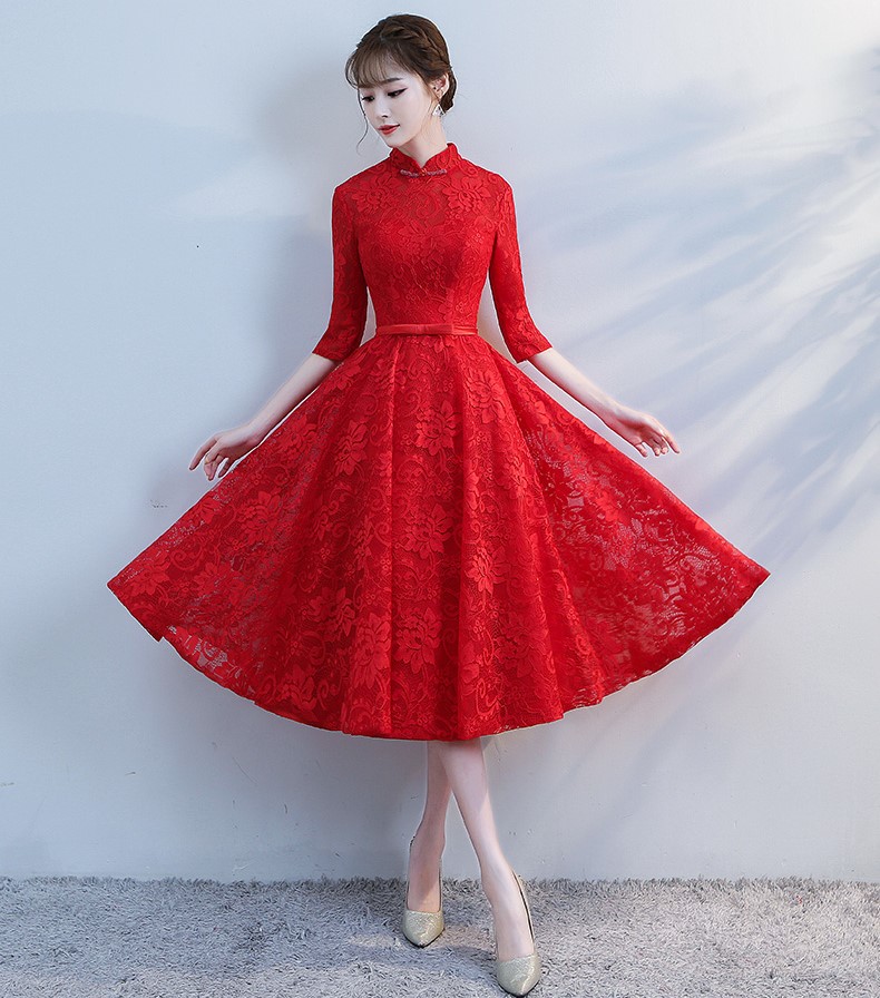 復(fù)古立領(lǐng)中式禮服，蕾絲中袖晚禮服