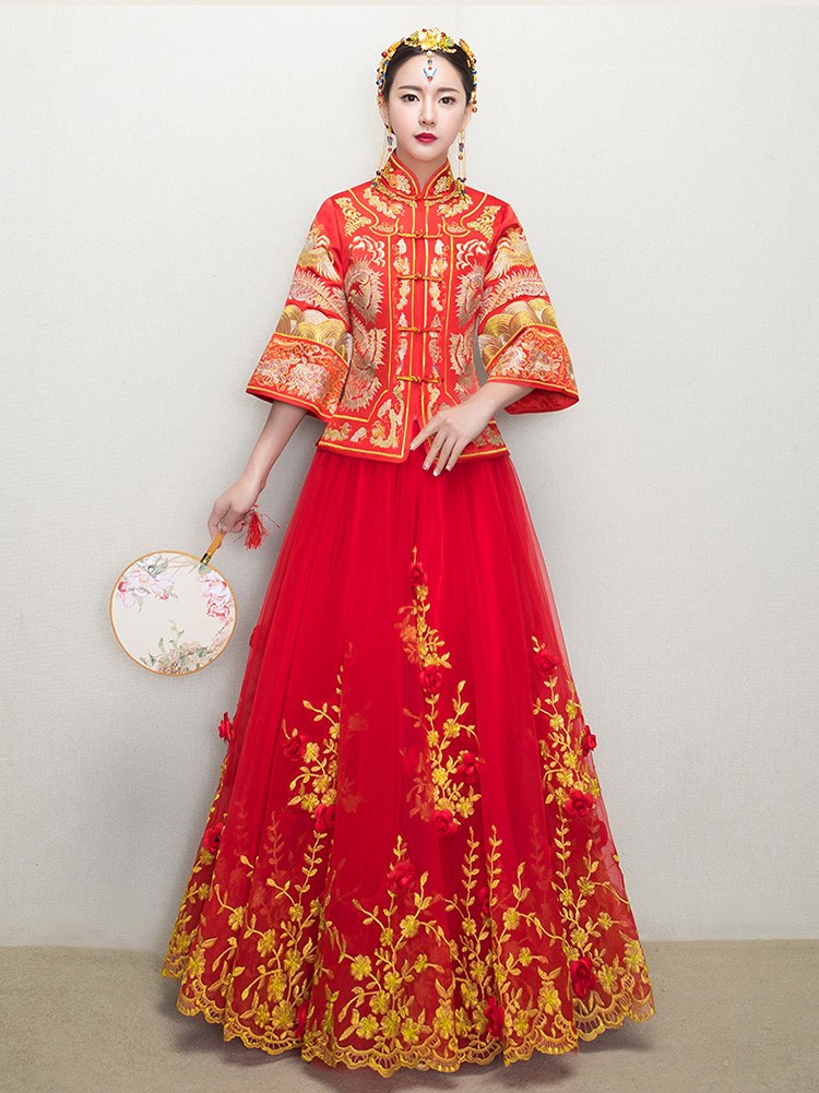 復古龍鳳褂中式禮服，蕾絲網紗裙新娘結婚禮服