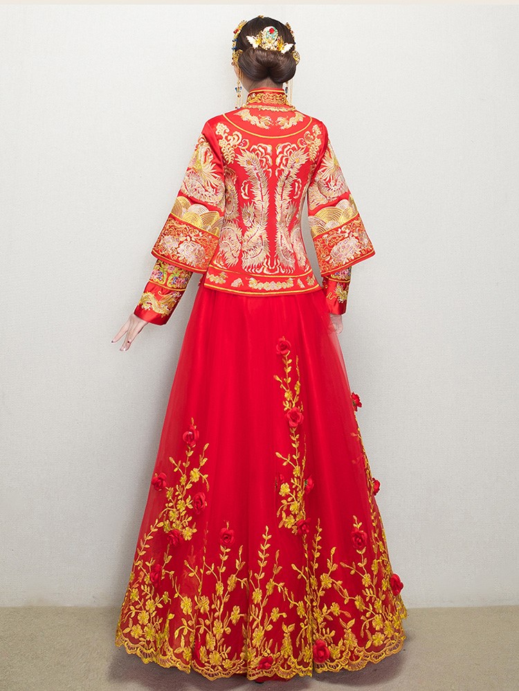 復古龍鳳褂中式禮服，蕾絲網紗裙新娘結婚禮服