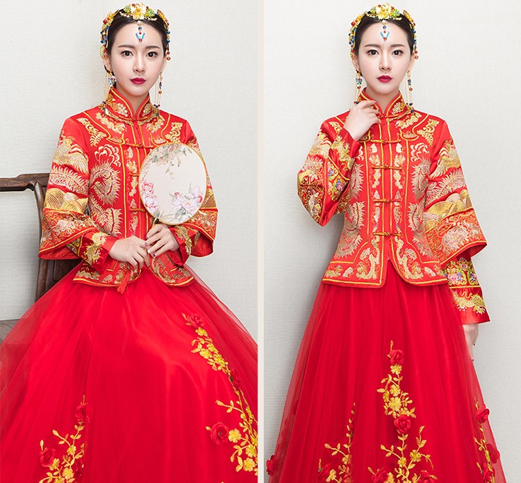 復古龍鳳褂中式禮服，蕾絲網紗裙新娘結婚禮服