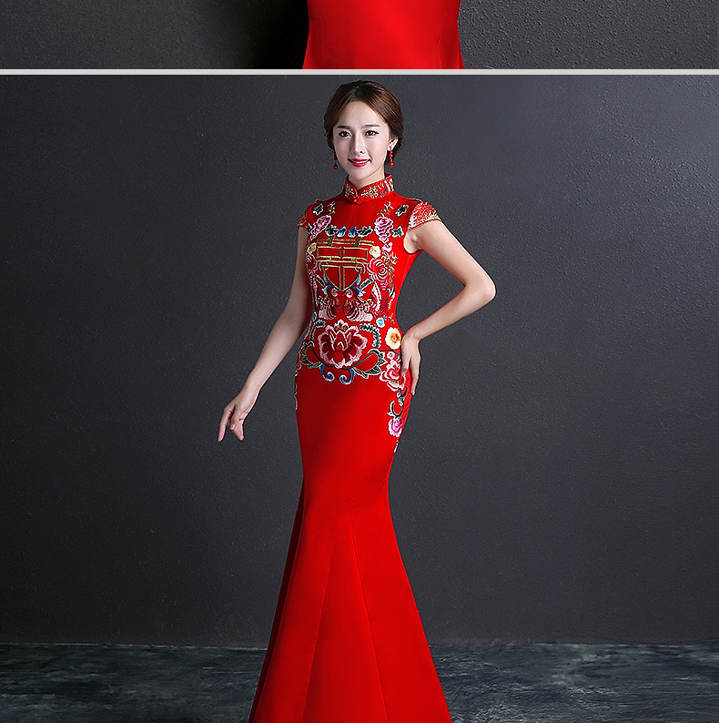 雙喜繡花中式禮服，魚(yú)尾修身晚禮服