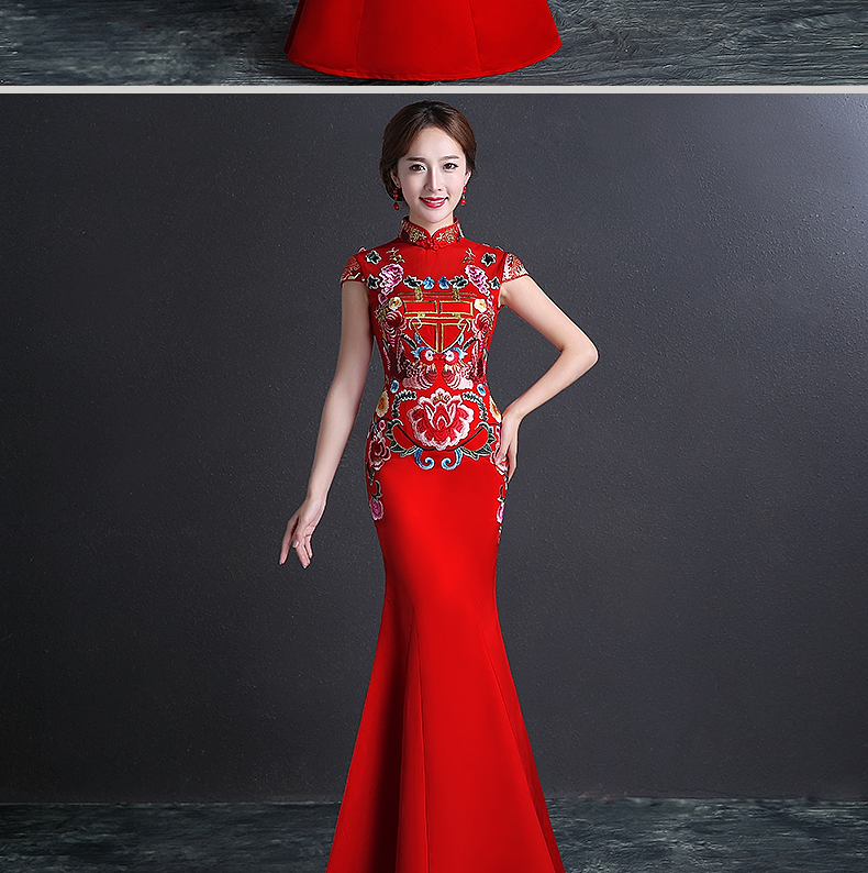 雙喜繡花中式禮服，魚(yú)尾修身晚禮服