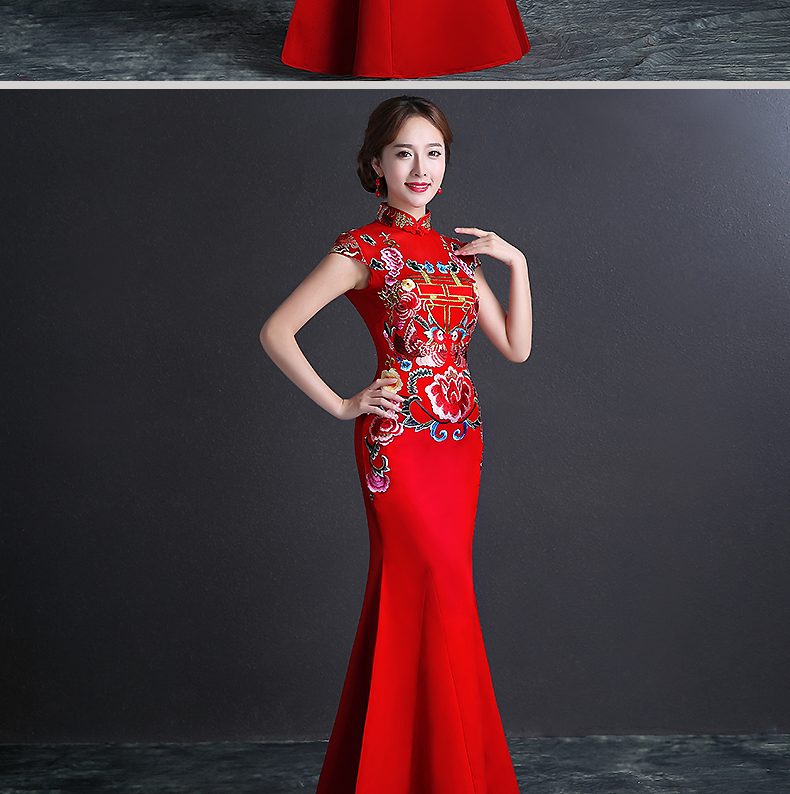 雙喜繡花中式禮服，魚(yú)尾修身晚禮服