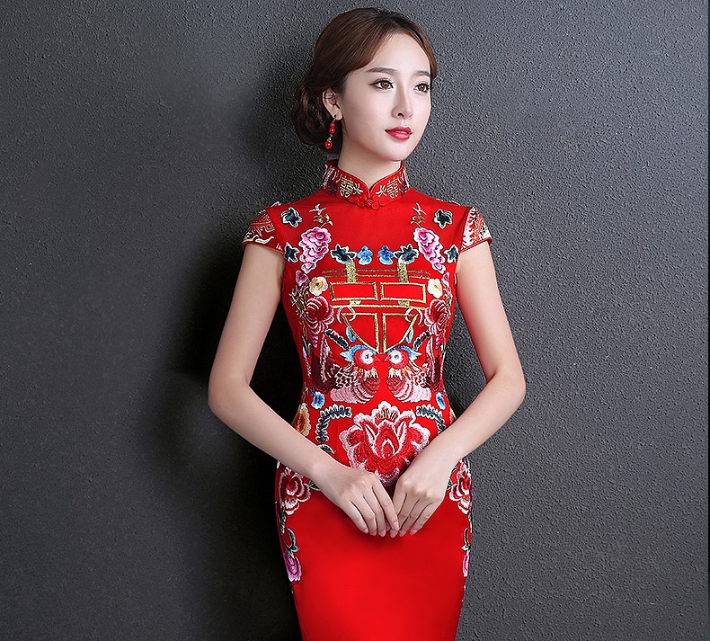 雙喜繡花中式禮服，魚(yú)尾修身晚禮服