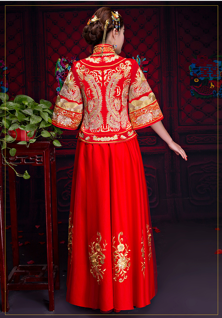 紅色中袖中式禮服，復(fù)古福連文苑新娘禮服