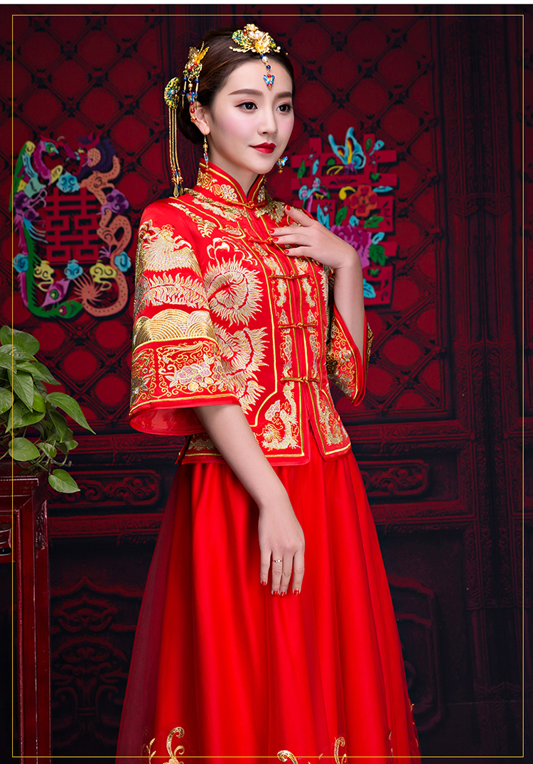 紅色中袖中式禮服，復(fù)古福連文苑新娘禮服