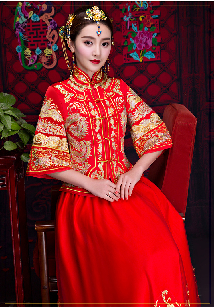 紅色中袖中式禮服，復(fù)古福連文苑新娘禮服