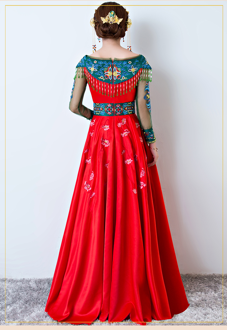 時(shí)尚一字肩中式禮服，復(fù)古福連文苑新娘禮服