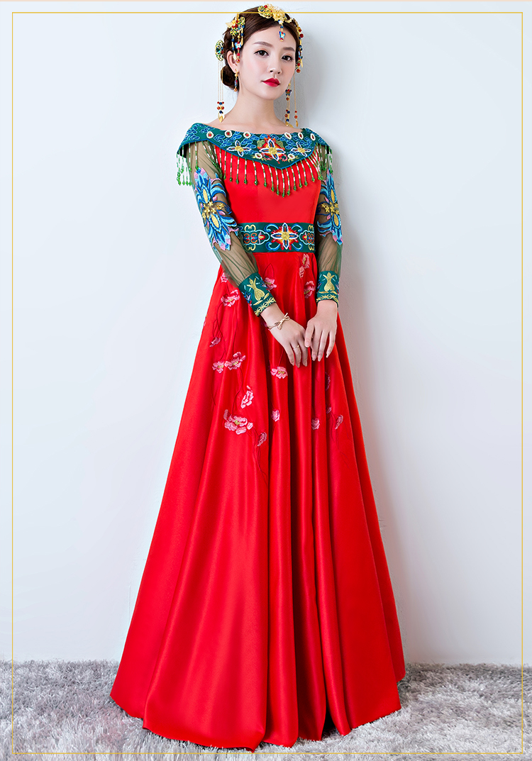 時(shí)尚一字肩中式禮服，復(fù)古福連文苑新娘禮服