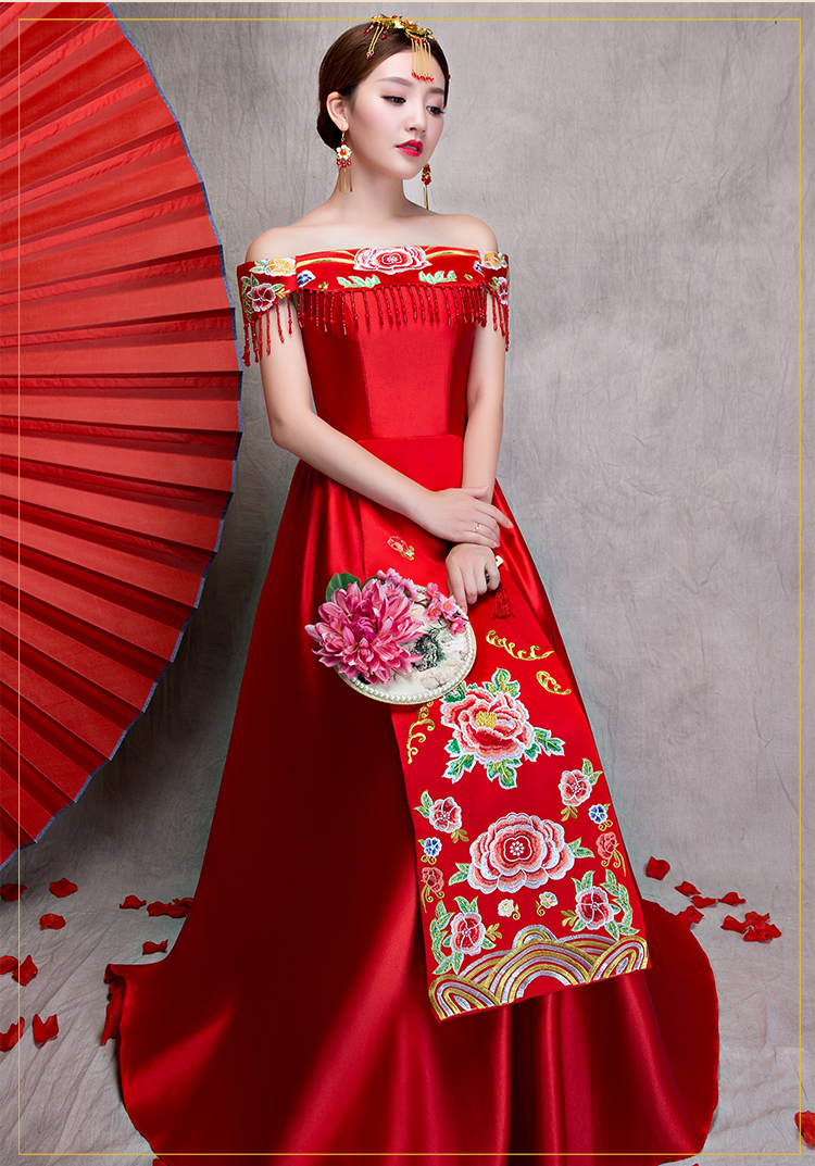 時(shí)尚一字肩無袖中式禮服，福連文苑新娘禮服