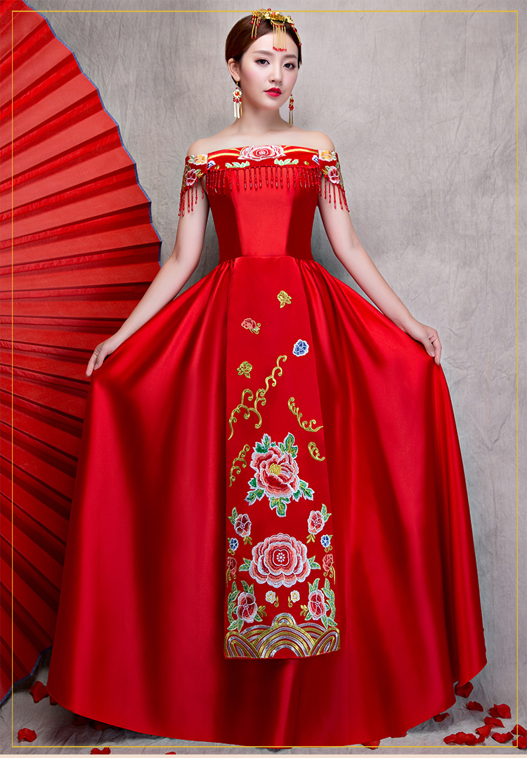 時(shí)尚一字肩無袖中式禮服，福連文苑新娘禮服