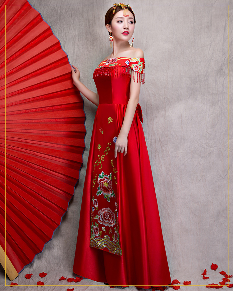 時(shí)尚一字肩無袖中式禮服，福連文苑新娘禮服