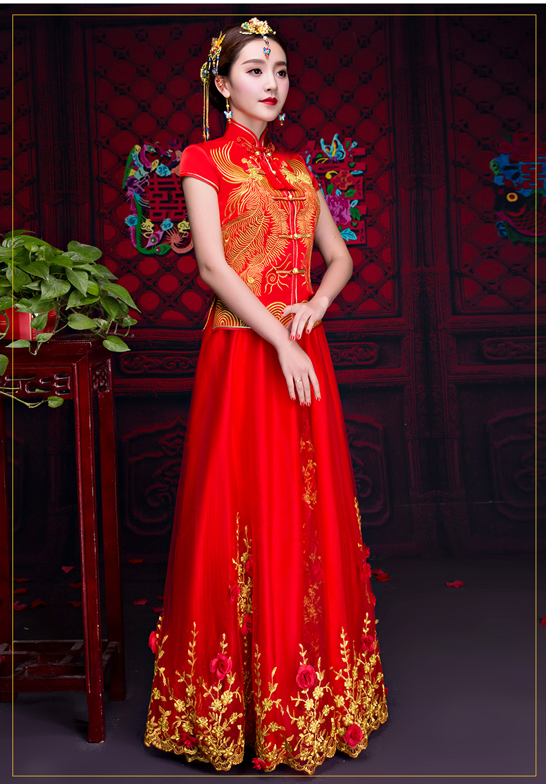 短袖對襟中式禮服，蕾絲裙新娘禮服