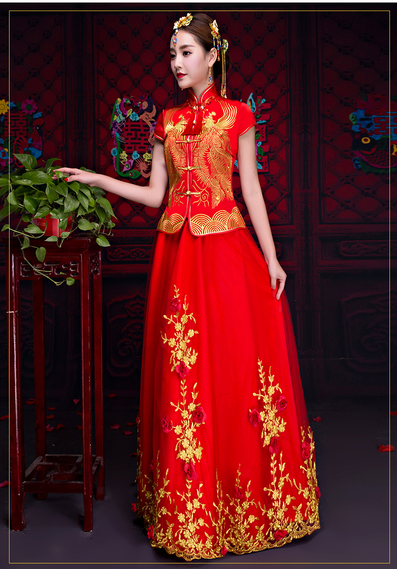 短袖對襟中式禮服，蕾絲裙新娘禮服